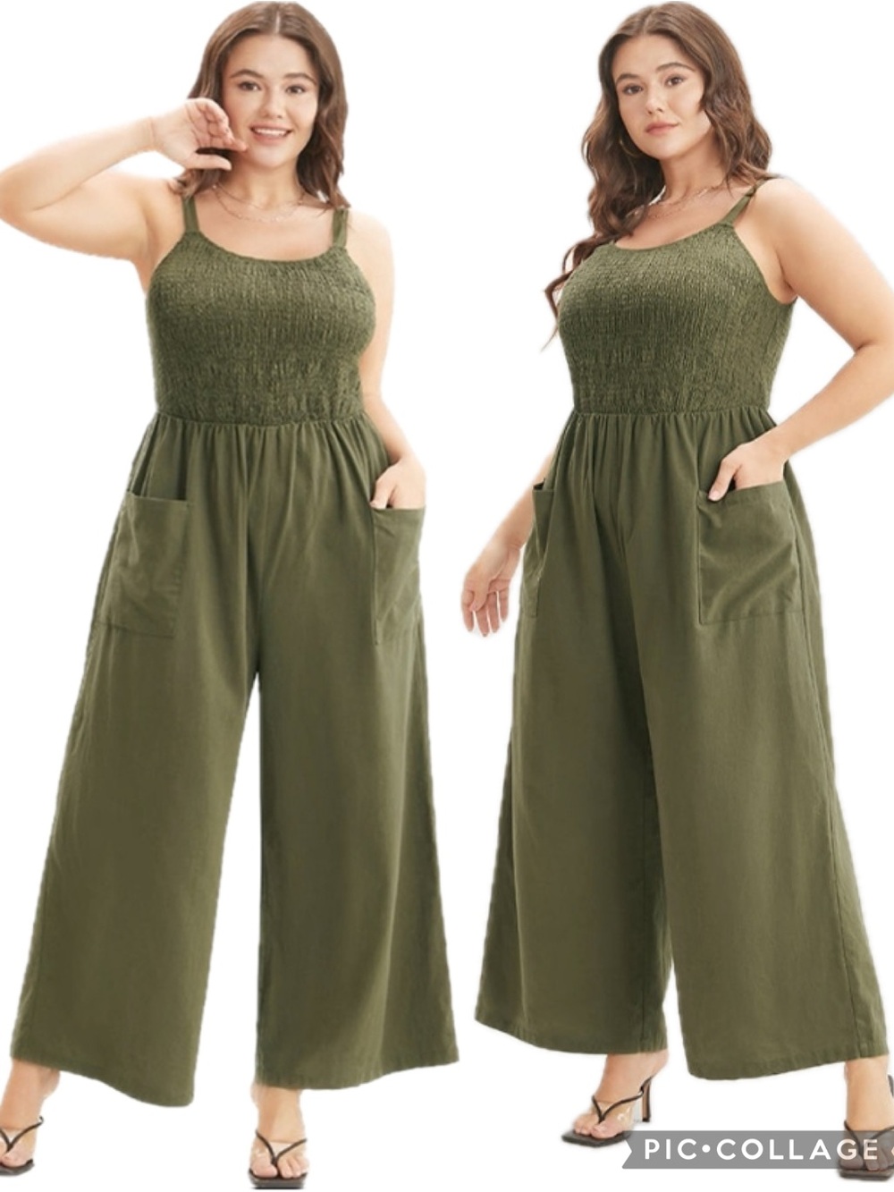 BloomChic Army Green Pantsuit Smocked Shirred Sleeveless Jumpsuit With Pockets